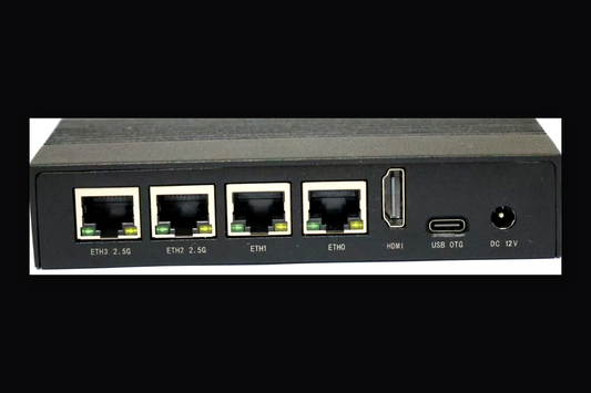 Four Ethernet ports on the back of a Beacon KVM device