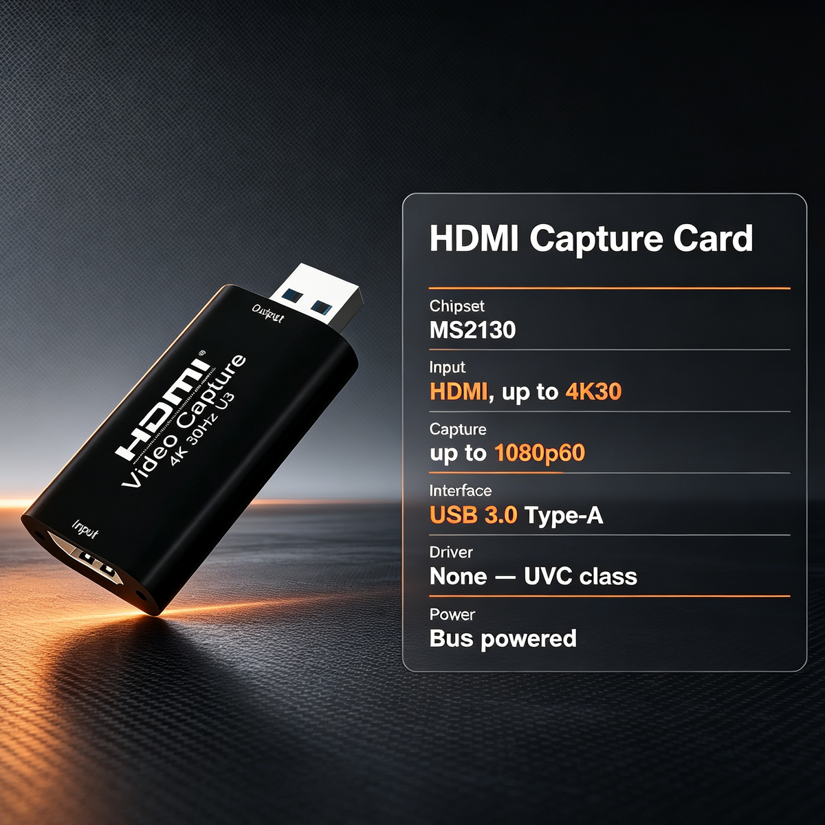 USB 3.0 HDMI Capture Card — MS2130, 1080p60, UVC